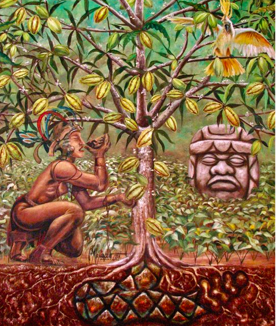 ptg of indigenous so. american with cacao tree
